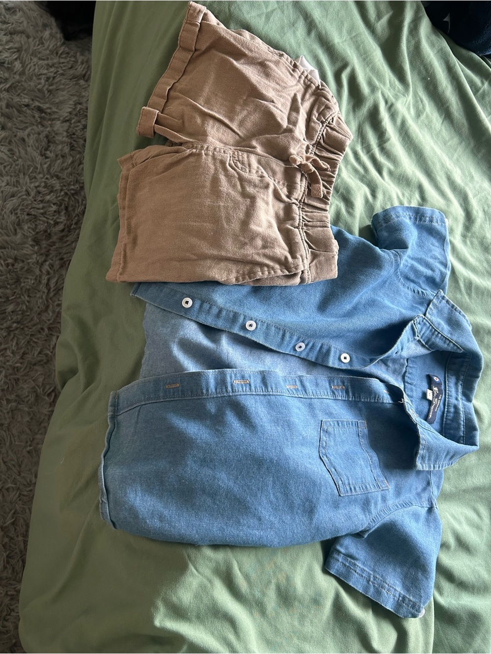 Ben Sherman Blue Chambray Shirt and Tan Shorts Kids Matching Set